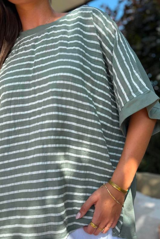 Below Deck Cheesecloth Stripe Tee Khaki